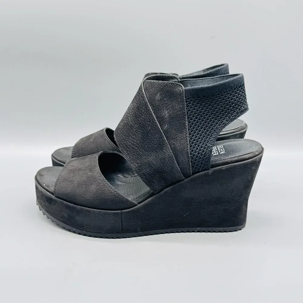 Eileen Fisher Sandals Women 8.5 Black Nubuck Strappy Wedge Platform Knit Ankle